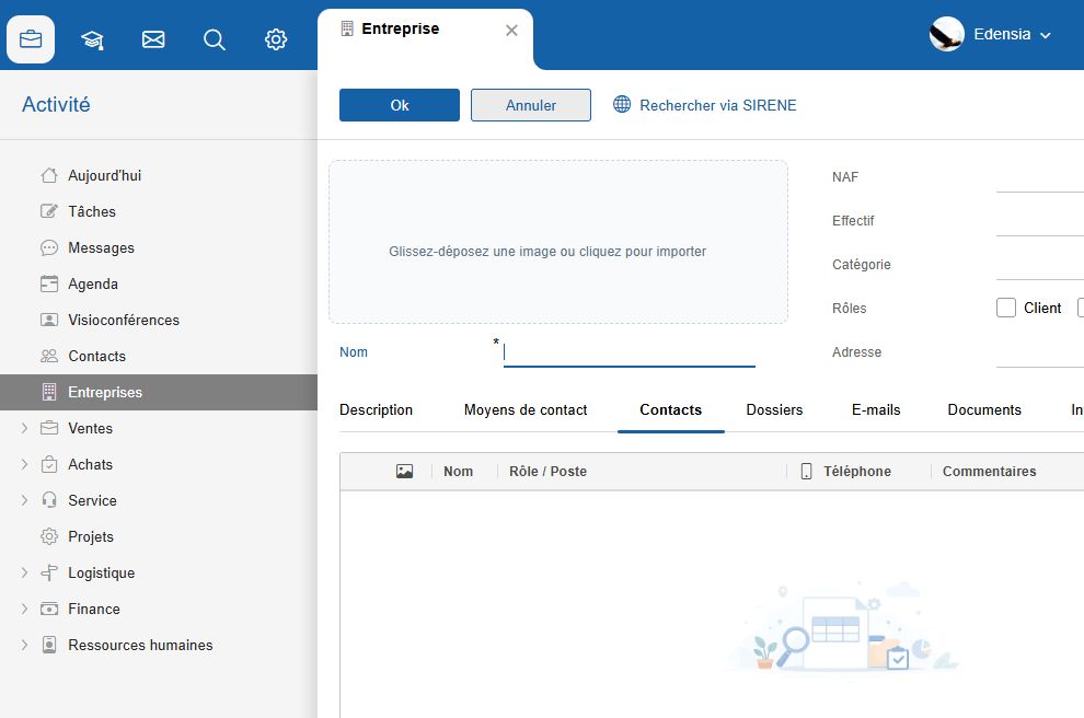 Fiche Entreprise vierge de Flow avec le nom, le code NAF, les rôles, l’adresse et les contacts associés