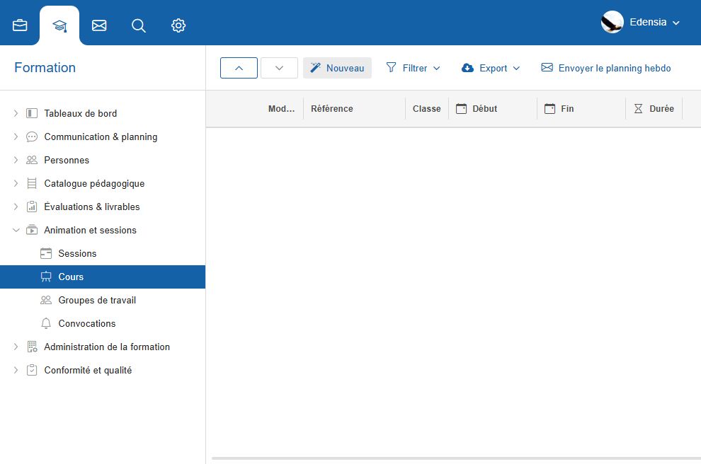 Liste Cours de Flow avec les actions Nouveau, Filtrer, Exporter et la recherche