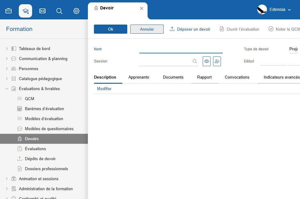Fiche Devoir Flow avec la session, le type de travail, les dates et les onglets Apprenants et Documents